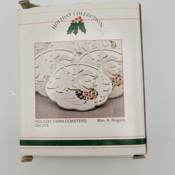Swan Silver Plated Enamel Coasters 1987 Wm A Rogers Set of 6 Oneida Holliday - Picture 8 of 10